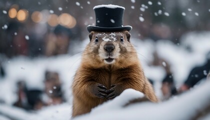 Whimsical Groundhog in Top Hat Peeking from Burrow