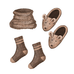 Winter elements, hand drawn illustration. Cute slippers, warm socks and scarf. Isolated. Warm winter symbols.