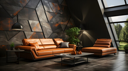 Leather terra cotta sofa near stone tiled 3d panel wall. Interior design of modern living room