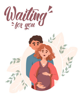 Postcard of pregnant woman, husband waiting baby. Motherhood and maternity concept. Happy couple, cartoon parent. Family love, beautiful female. Birth expecting. Father and mother. Vector illustration