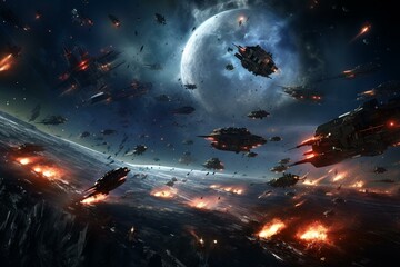 Battle among space fleet near a solar system. Generative AI