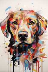 An abstract portrait of a dog featuring fragmented, floating elements of its face, as if the dog's identity is in flux and ever-changing.