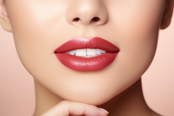beautiful woman lipstick model with charming lips isolated cream background, her hands touching lips, glowing face