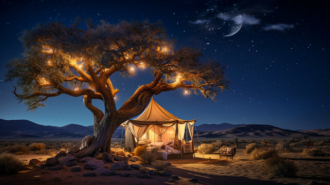 illuminated tent in desert near tree at night, romantic vacation outdoor in wild, glamping