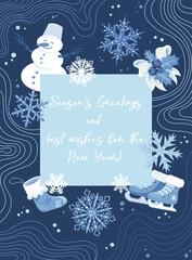 Christmas and New Year greeting card template in blue tones on a dark background with traditional holiday symbols. Design for greeting card, banner, cover with abstract elements