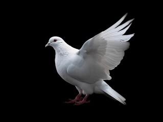 Beautiful White Dove Flapping Its Wings Isolated on Black Background