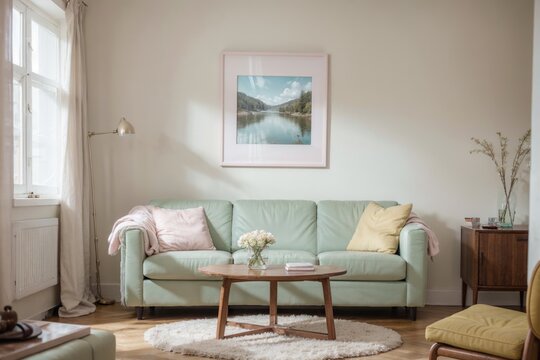 Interior mockup with picture frame on a Wall. Living room in pastel colors with sofa and painting on a wall 