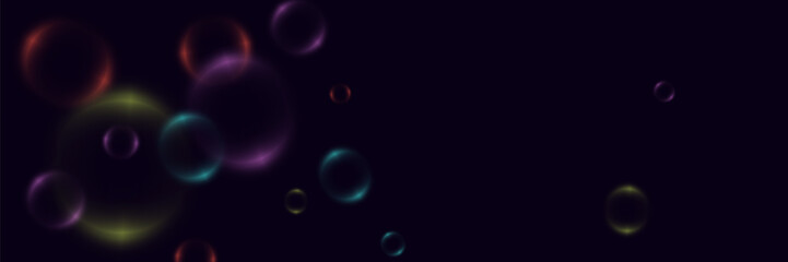 Abstract background with neon bubbles, iridescent colorful glass balls or spheres on a black background.	
