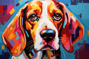 An abstract composition with layers of translucent colors that blend and overlap to create an impressionistic portrayal of a Beagle's coat and vibrant personality.