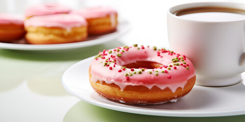 Obraz na płótnie Canvas Delicious sweet donuts with pink glaze on white plate, blurred background with a cup of drink