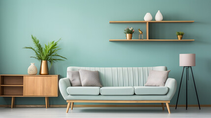 Light turquoise sofa and wooden shelving unit near teal wall. Scandinavian interior design of modern stylish living room