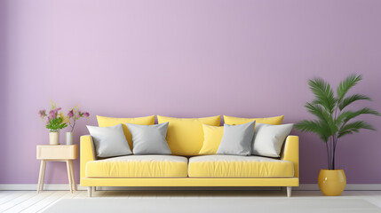 Light yellow sofa with pastel colorful cushions against violet wall with copy space. Scandinavian interior design of modern living room