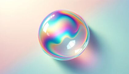 Iridescent balloon bubble on pastel background with gradient. A vibrant and whimsical bubble of joy radiates in the sky, its radiant rainbow background captivating the viewer with its dazzling colors	