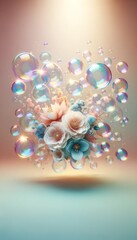 Iridescent balloon bubble on pastel background with gradient. A vibrant flowers bubble of joy radiates in the sky, its radiant rainbow background captivating the viewer with its dazzling colors	