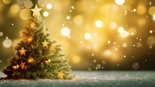 Green and gold abstract glitter bokeh background. Holiday textured wallpaper with a Christmas tree