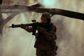 Fototapeta premium Woman in army. Tactical exercise. Soldier.