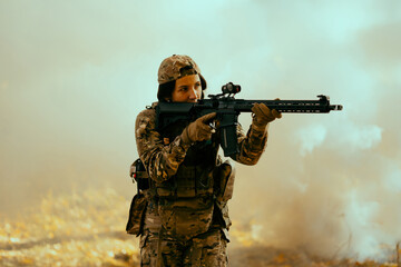 Woman in army. Tactical exercise. Soldier.
