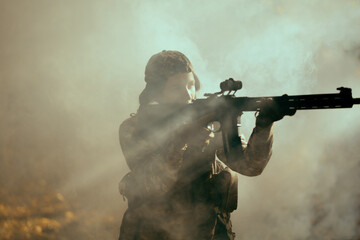 Woman in army. Tactical exercise. Soldier.