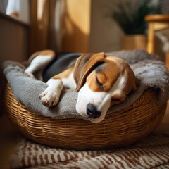 An image of a Beagle curled up in a cozy dog bed, enjoying a well-deserved nap.