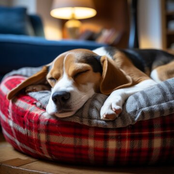 An image of a Beagle curled up in a cozy dog bed, enjoying a well-deserved nap.