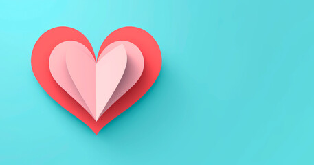 Valentine's Day banner. Wallpaper header of cute paper heart on light blue background with copy space. Love concept. Celebrate life.