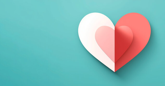 Valentine's Day banner. Wallpaper header of cute paper heart on light green background with copy space. Love concept. Celebrate life.