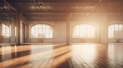 Empty classical dance hall with mirror, sunlight from windows. Ballet class - obrazy, fototapety, plakaty