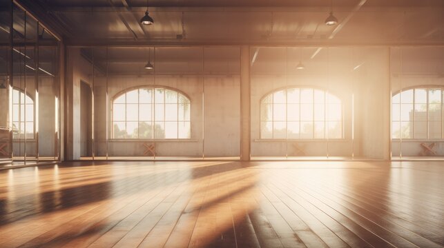 Empty classical dance hall with mirror, sunlight from windows. Ballet class