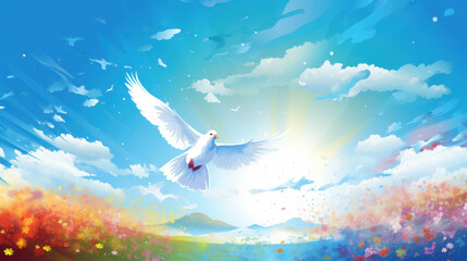 Obraz premium Flowers and dove background with copy space for greeting text