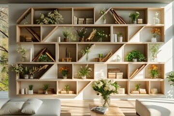 interior design, Modern spring interior with built-in bookcase .luxurious living room and interior design.daylight. generative ai.
