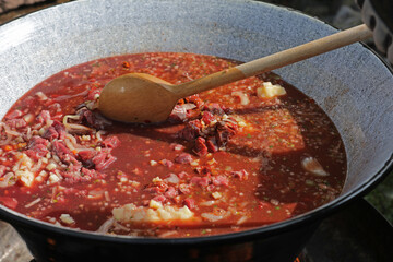 Meat and vegetables in a goulash kettle on a fire pit
