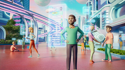 Digital Metaverse Avatar Of Indian Man Walking Inside Immersive 3D World. Enthusiast Exploring Next-Gen Social Media Experience. Online Universe For Connecting With Friends Or Working. 3D Render - obrazy, fototapety, plakaty