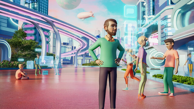 Digital Metaverse Avatar Of Indian Man Walking Inside Immersive 3D World. Enthusiast Exploring Next-Gen Social Media Experience. Online Universe For Connecting With Friends, Working. 3D Render