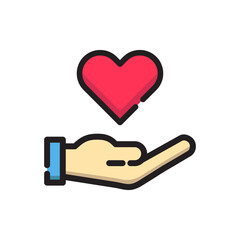 Donation, healthcare, giving aid icon. Heart in hand icon. Hands holding heart sign, illustration