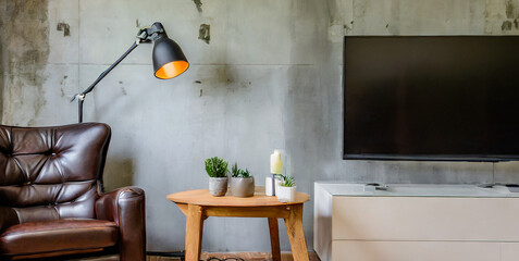 living room interior have cabinet for tv and leather armchair in cement room with concrete w 