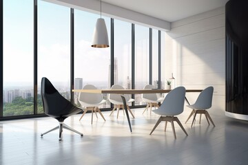 Contemporary office interior with chairs, table, and panoramic window. Modern design. Rendering. Generative AI
