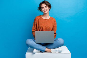 Full body photo of pretty young girl instagram twitter facebook telegram netbook wear trendy brown...