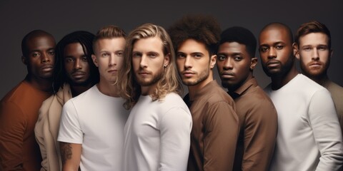 Multiracial men from the united states in a group, in the style of light white and dark amber. Success people Different races and religions