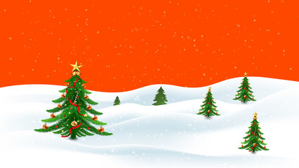 Christmas trees with snowflakes on Orange sky