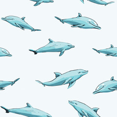 Blue Dolphins. Decorative vector seamless pattern. Repeating background. Tileable wallpaper print.