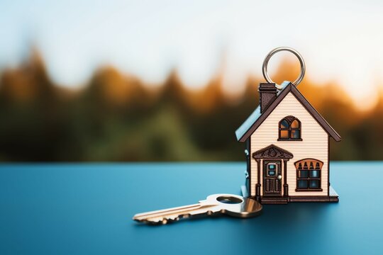 A key linked to a tiny house shaped keychain, signifying home sweet home