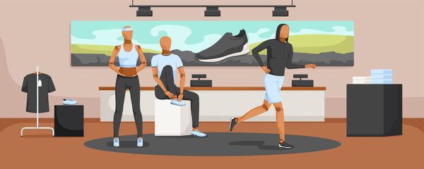Set of black and blue sportswear on mannequin at showcase in various position. Shop interior. Collection of trousers, t-shirt, top, bag, sneaker. Fashion male and female clothes. Vector illustration