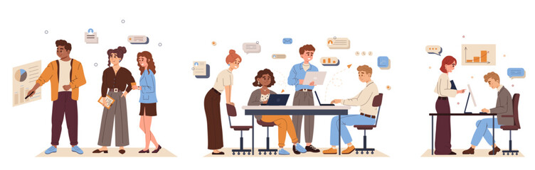 Cartoon office workspace set. Male person showing company results to female colleagues. Employee co-working via computers and meeting concept. Speech bubble. Communication process. Vector illustration