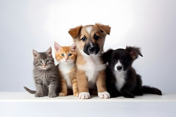 cat and dog isolated on a neutral background, pets sitting together and looking at the camera