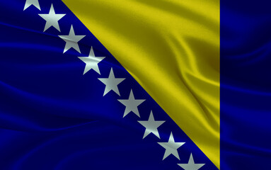 3d waving realistic silk national flag of Bosnia and Herzegovina. Happy national day Bosnia and Herzegovina flag background. close up