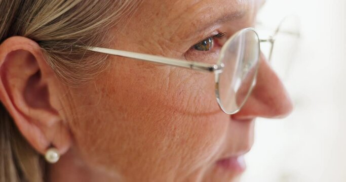 Face, closeup and woman with glasses for eyes checkup, clinic and vision for cataract help for patient. Senior person, optometrist and glaucoma for eyecare in frame fitting, health and zoom with lens