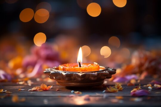 Diwali diya, a blurred Hindu festival lights celebration, illuminating a festive backdrop
