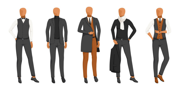 Collection of black, brown and white formal wear on mannequin in row. Collection of jacket, shirt, trousers, vest, shoes. Male warm office uniform. Isolated on white background. Vector illustration