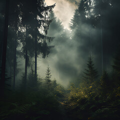 misty morning in the forest forest, fog, tree, nature, light, morning, sun, landscape, trees, mist, sunlight, sunrise, 
