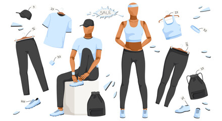 Set of black and blue sportswear on mannequin at showcase on sale. Collection of trousers, t-shirt, top, bag, sneaker. Fashion male and female cloth. Isolated on white background. Vector illustration